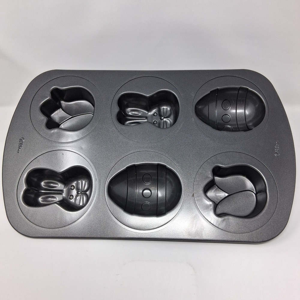 Wilton Easter Non-Stick 6 Cavity Baking Pan Bunny Egg Tulip Shapes Gray Steel